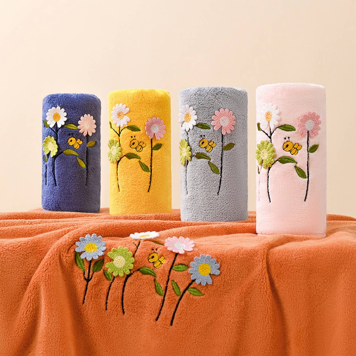 CORAL FLEECE FLOWER SQUARE TOWEL BATH TOWEL SET