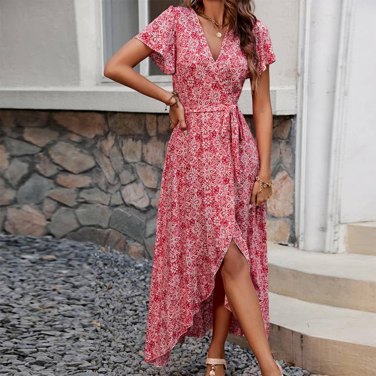 V-neck one-piece lace-up holiday swing dress