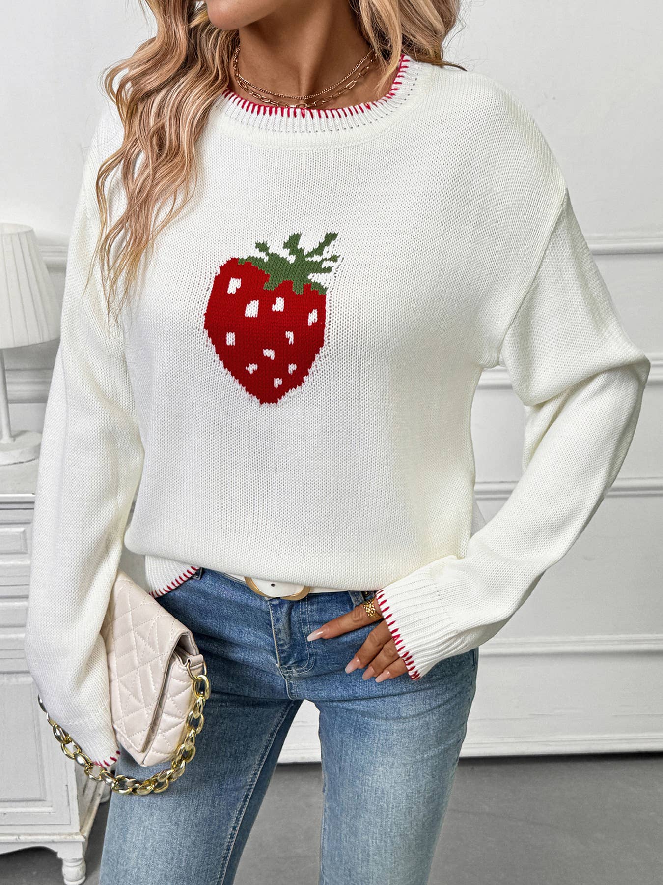 Strawberry jacquard round-neck stitched sweater