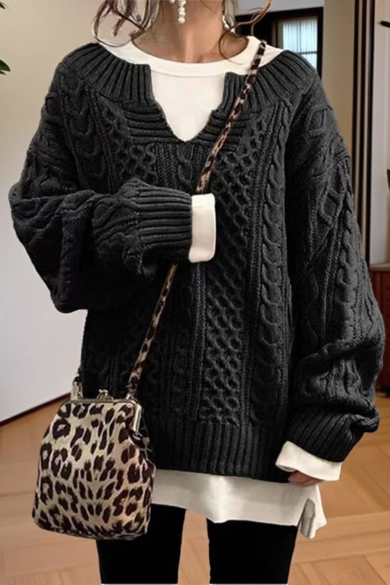 CWOSWL07652_SOLID COLOR LOOSE LONG-SLEEVED CABLE SWEATER