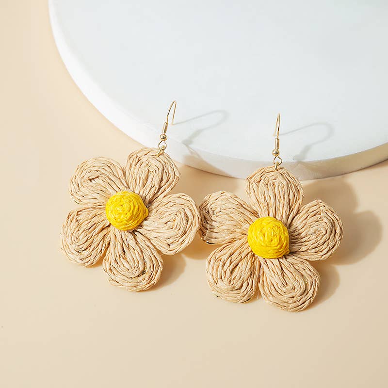 Woven raffia grass exaggerated flower earrings