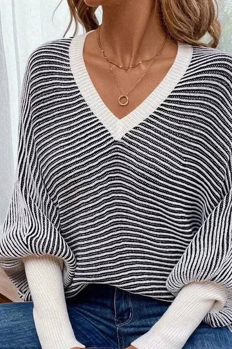 CWOSWL07305_LOOSE STRIPED V-NECK BATWING KNIT PULLOVER