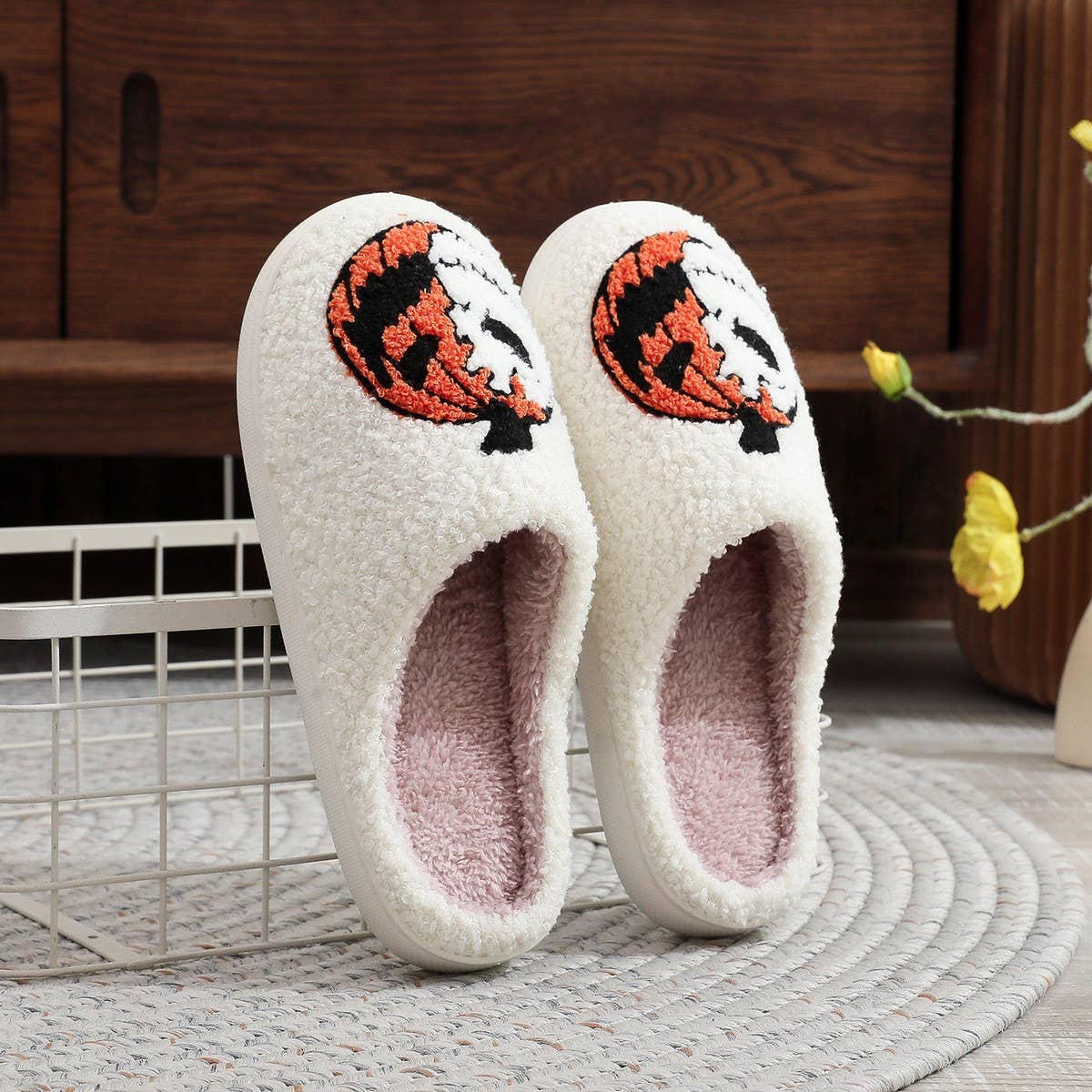 HALLOWEEN PUMPKIN EMBROIDERED COTTON SLIPPERS