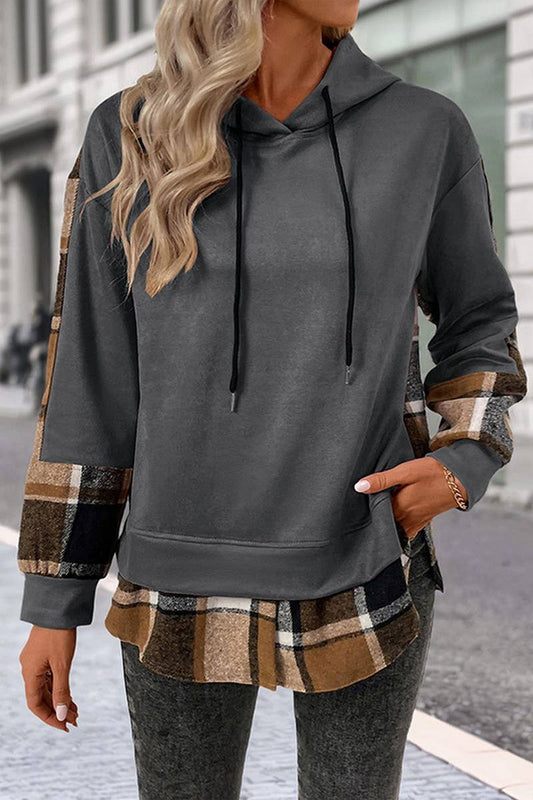 CWOHOL00587_PLAID PATCHWORK BRITISH STYLE HOODED SWEATSHIRT