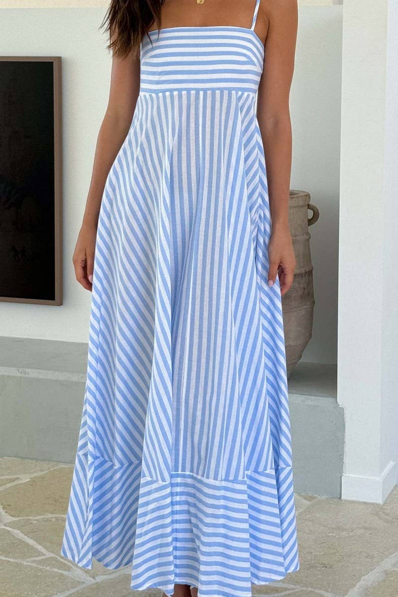 CWDMD5984_STRIPED POCKET PRINT BACKLESS FLOWY DRESS