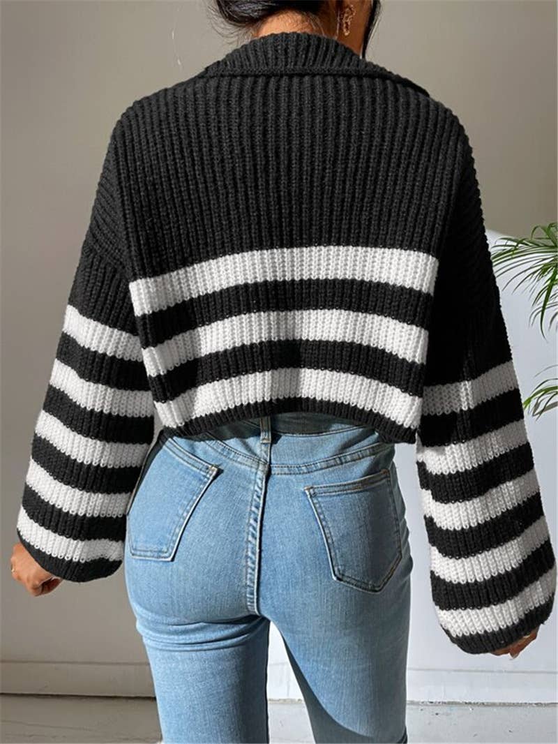 Striped color-blocking stand-up knitted sweater
