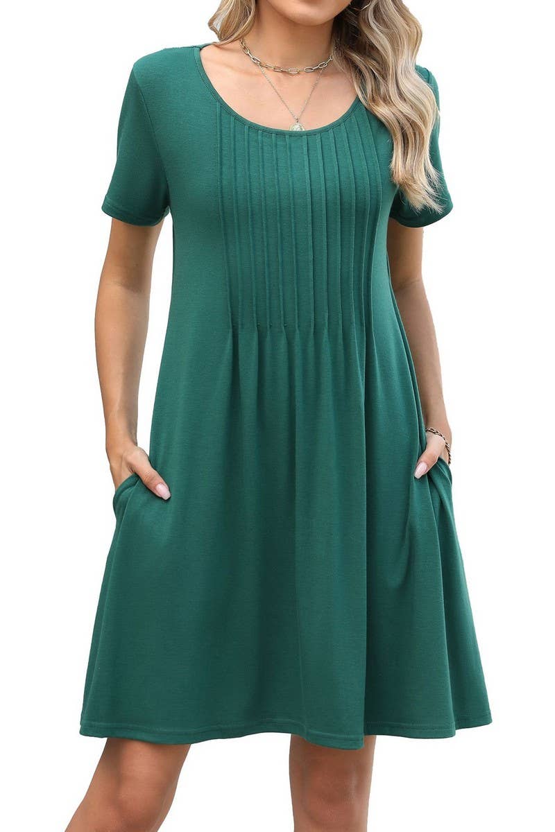 CWDSD10547_SUMMER SOLID COLOR ROUND NECK LOOSE POCKET DRESS