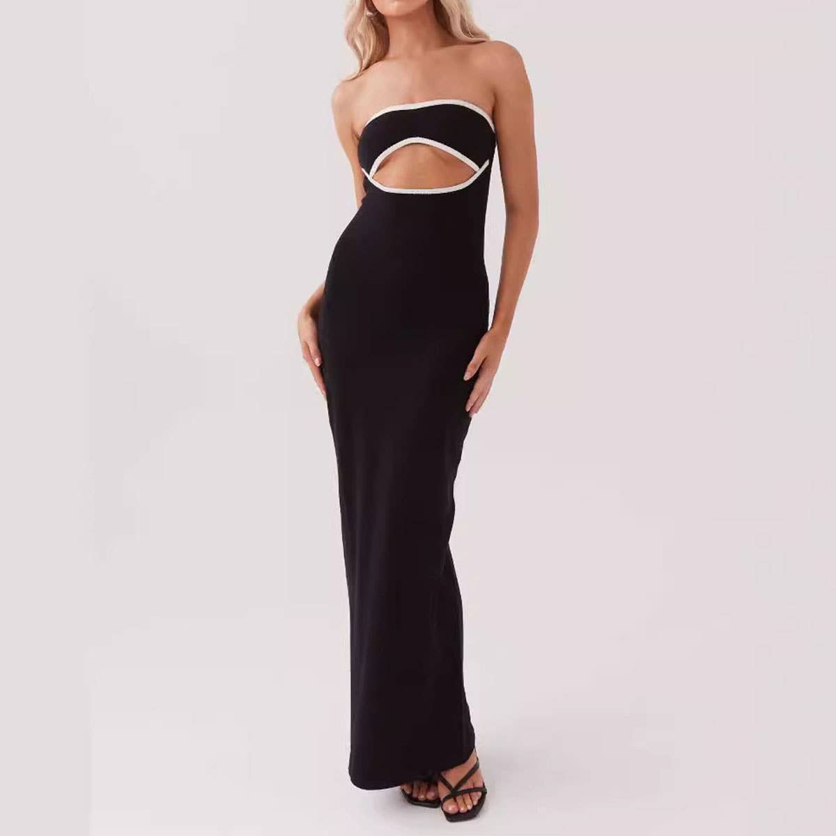 Strapless cutout color-blocking knitted dress