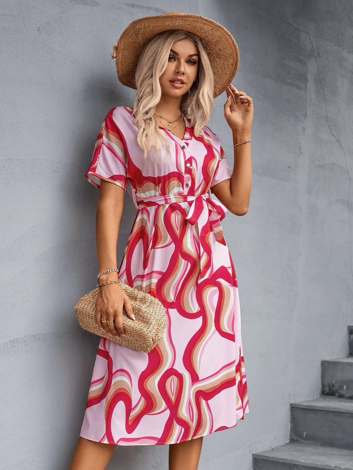 V-NECK SINGLE-BREASTED LACE-UP LONG DRESS