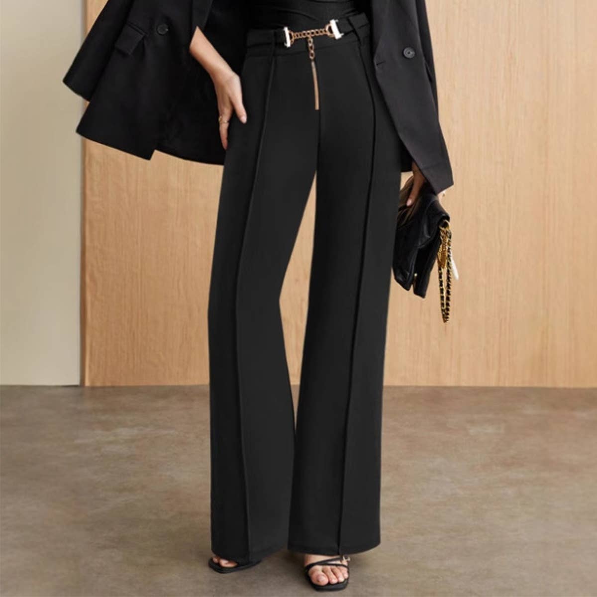 METAL BELT HIGH-WAISTED STRAIGHT-LEG SLACKS