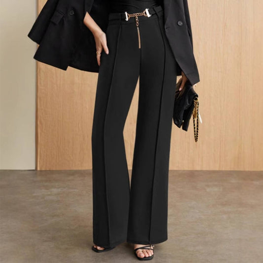METAL BELT HIGH-WAISTED STRAIGHT-LEG SLACKS