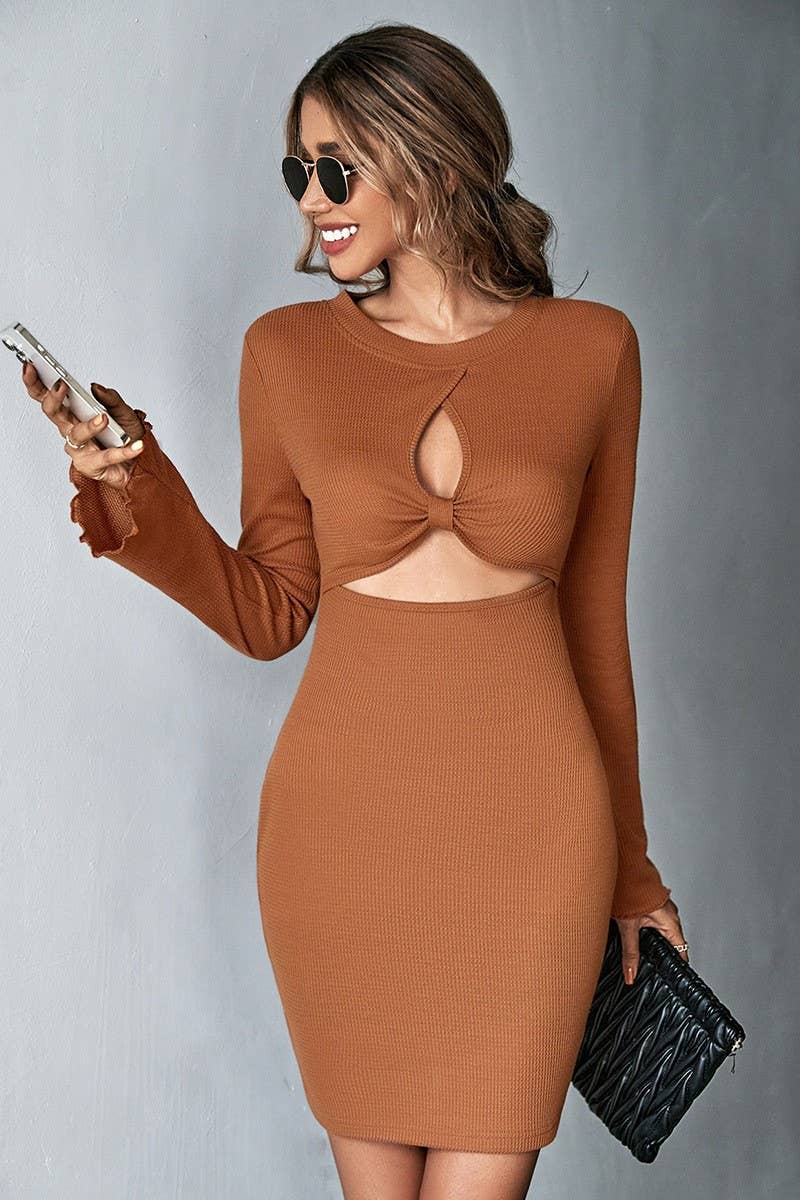 CWDSD6475_HOLLOW WAFFLE FLARED SLEEVE HIP DRESS