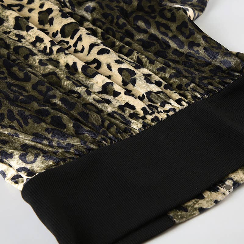 TURTLENECK RIBBED PATCHWORK LEOPARD VELVET JACKET