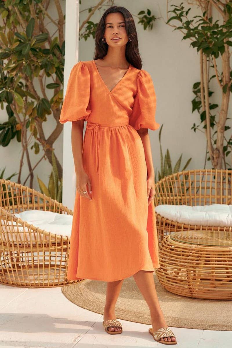 CWDMD5246_COTTON TIE-BACK PUFF SLEEVE MAXI DRESS