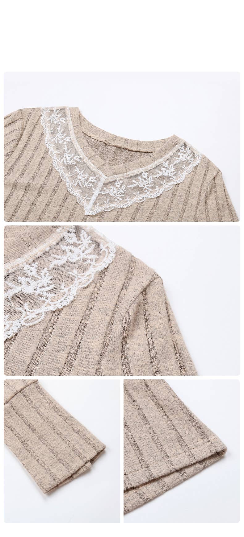 Lace patchwork V-neck striped T-shirt