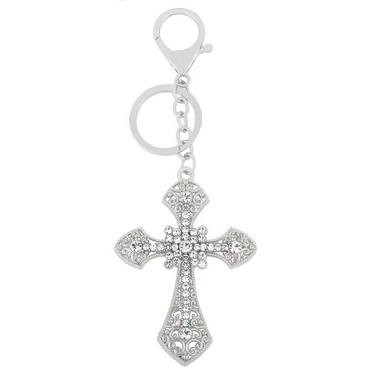 INLAID DIAMOND CROSS METAL KEYCHAIN