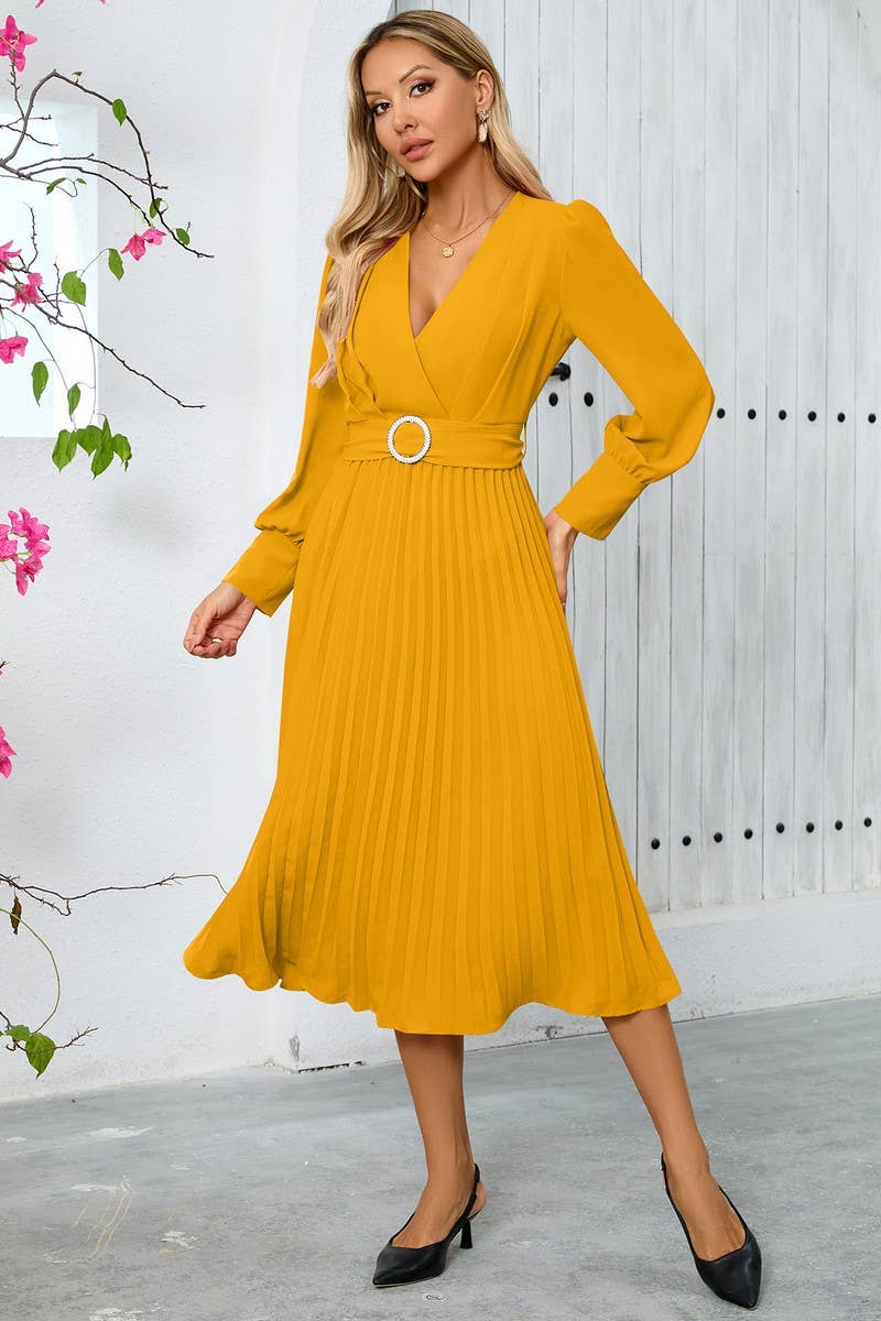 CWDMD3997_V-NECK PLEATED BELTED A-LINE MAXI DRESS