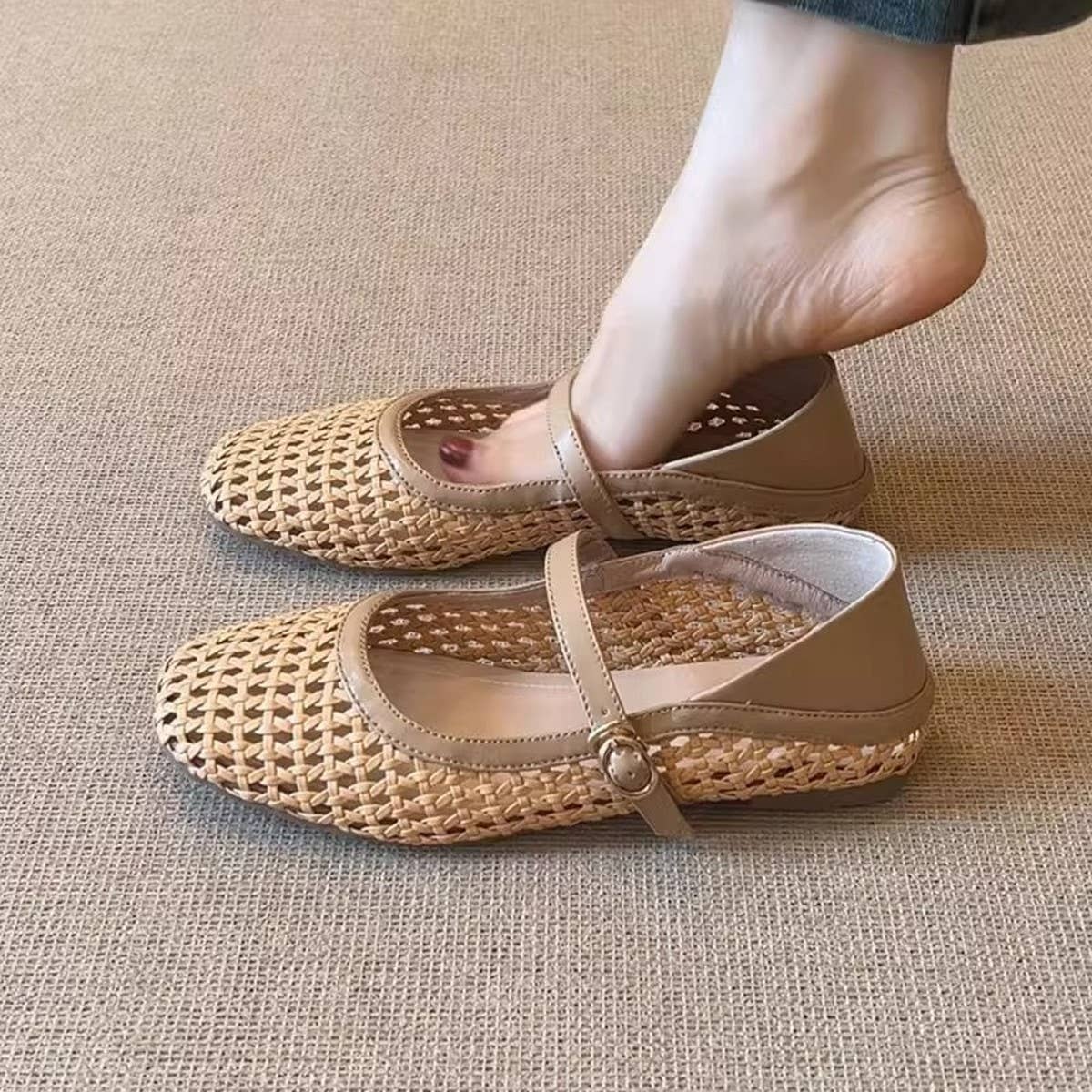 Soft Leather Woven Mary Jane Flat Sandals_CWSHF0153