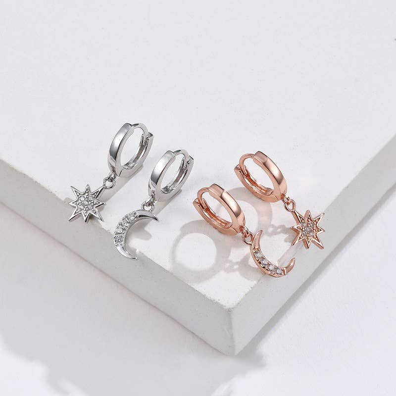 Asymmetric star-moon-ear diamond earrings