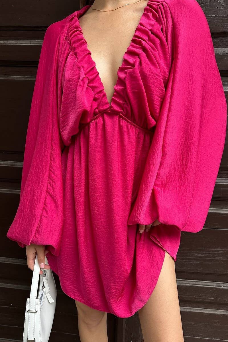 CWDSD6540_SOLID COLOR LANTERN SLEEVE V-NECK SEXY DRESS