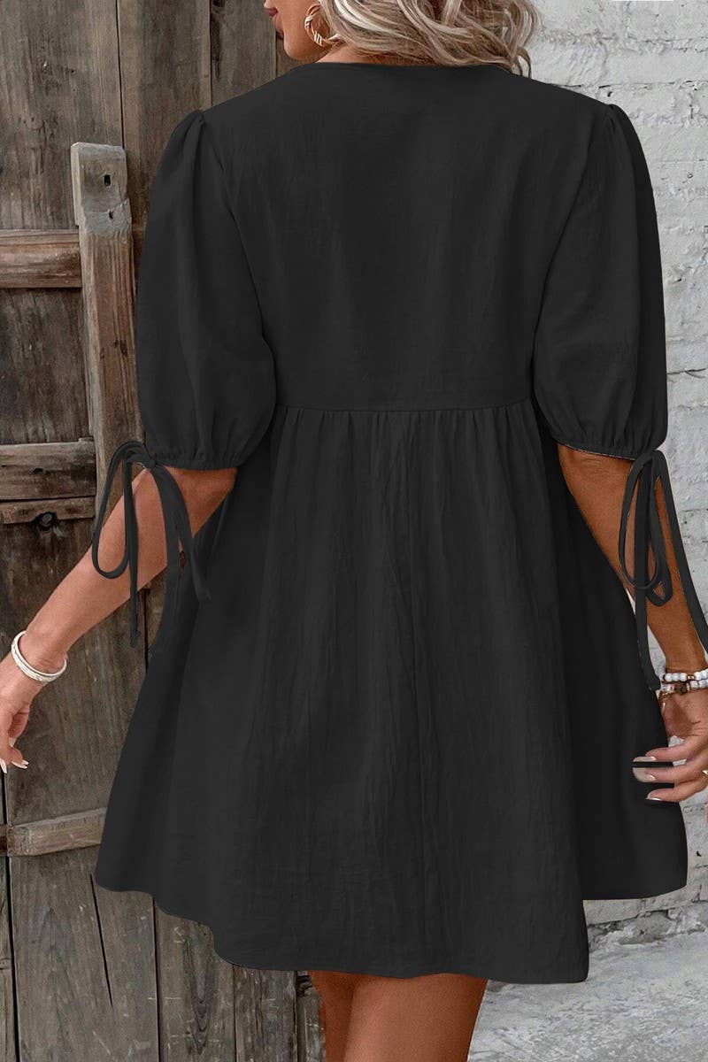 CWDSD8449_DEEP V TIE FRONT LOOSE A-LINE WOVEN DRESS