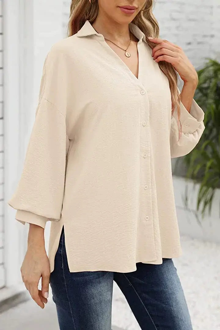 LANTERN SLEEVE BUTTON V-NECK CHIFFON CASUAL SHIRT