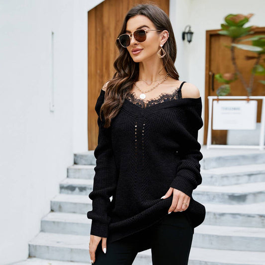 Lace patchwork fake two-piece pullover V-neck sweater