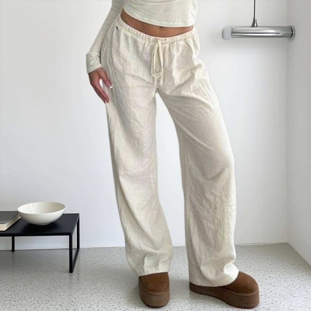 Simple style solid-color drawstring woven pants
