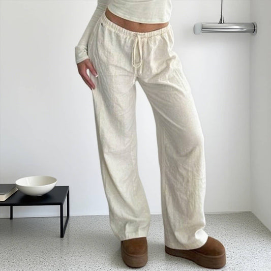 Simple style solid-color drawstring woven pants