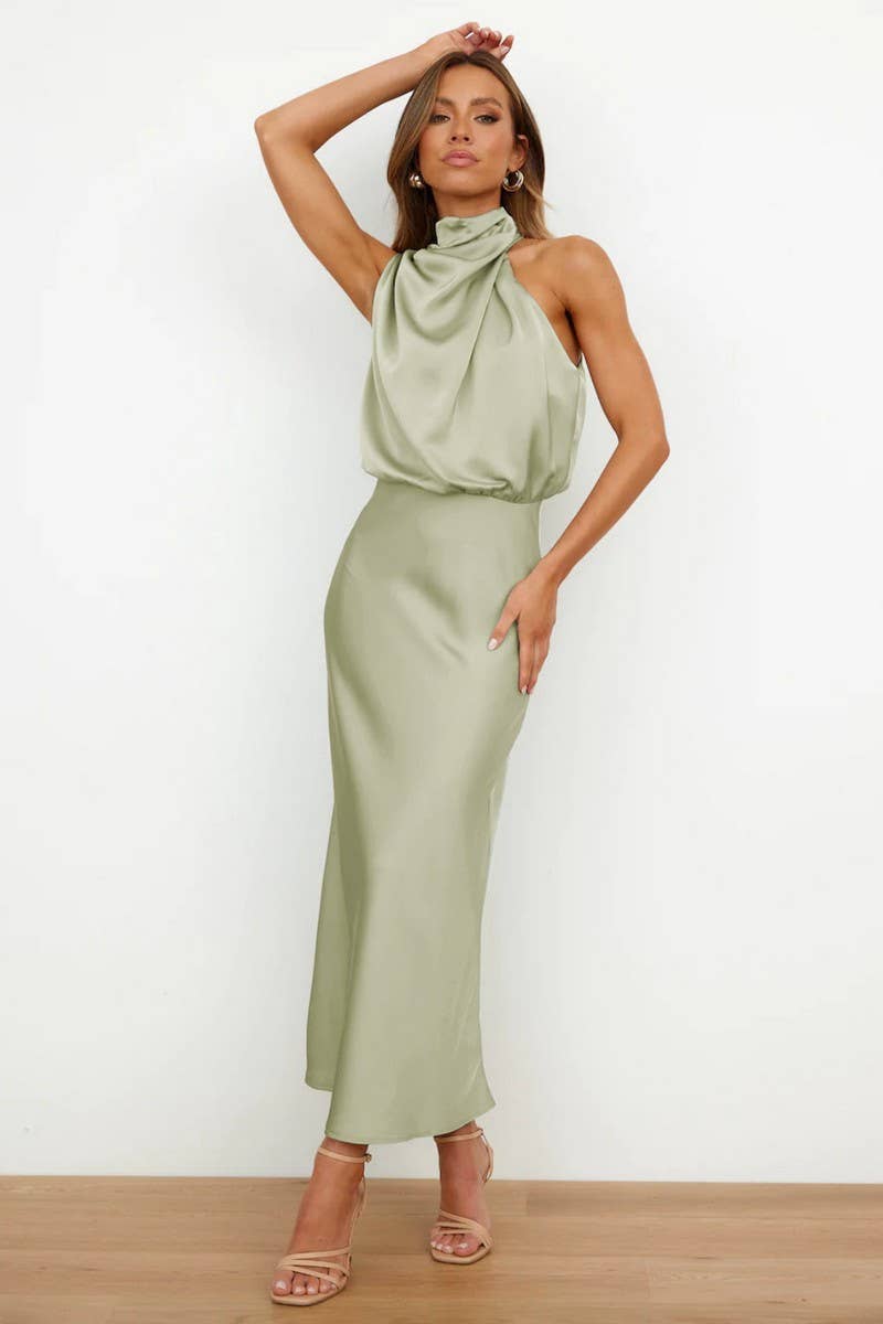 SOLID COLOR SATIN HALTER SLEEVELESS DRESS_CWDMD1302