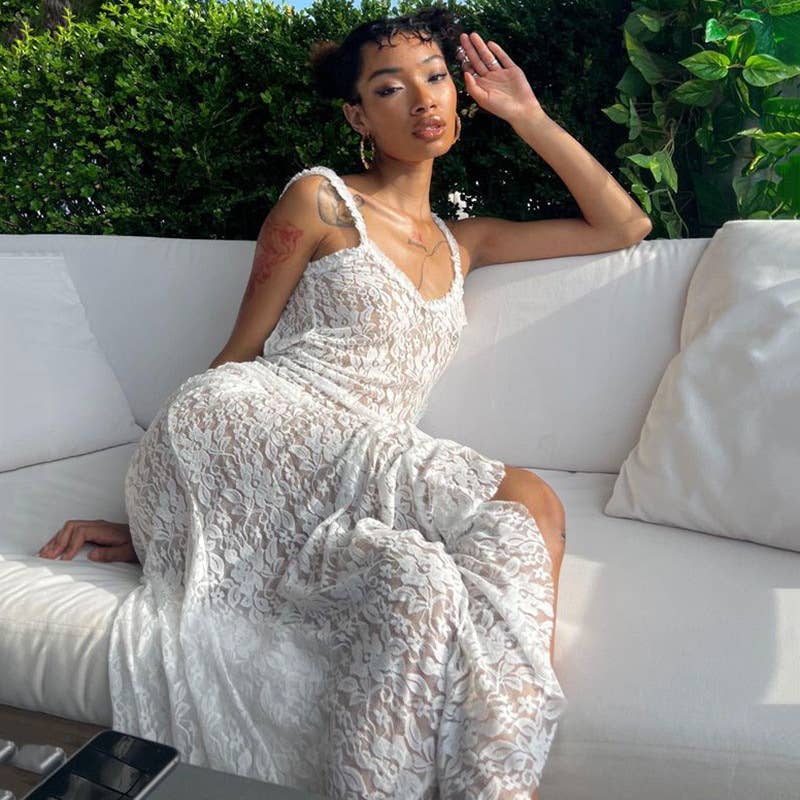 Lace semi-transparent halter one-shoulder dress