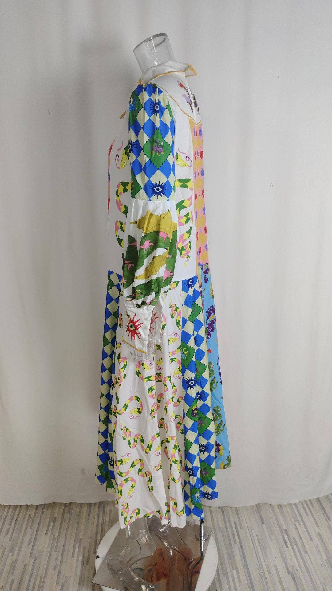 LANTERN SLEEVE PRINTED LAPEL LONG-SLEEVED DRESS