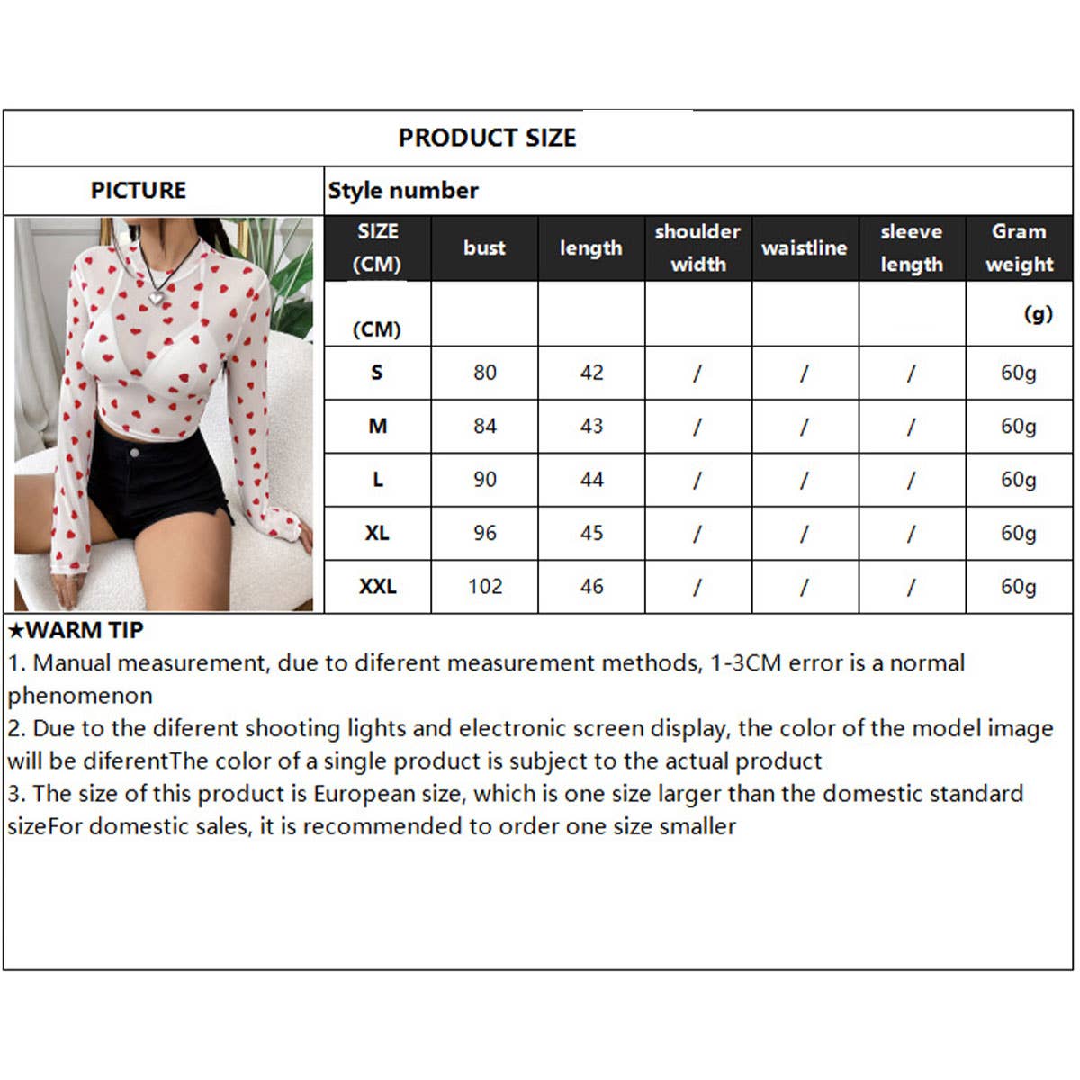 CUTE HEART PRINT MESH ROUND NECK LONG SLEEVE TOP