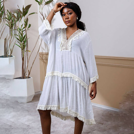 French Lace V-Neck Dress for Women Beach Cover-Up