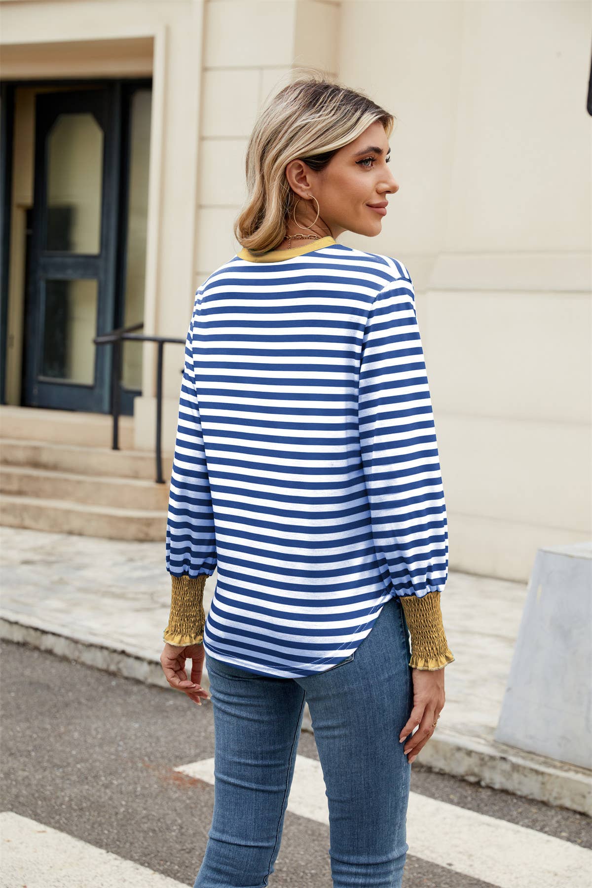V-neck long-sleeved striped color-blocked top
