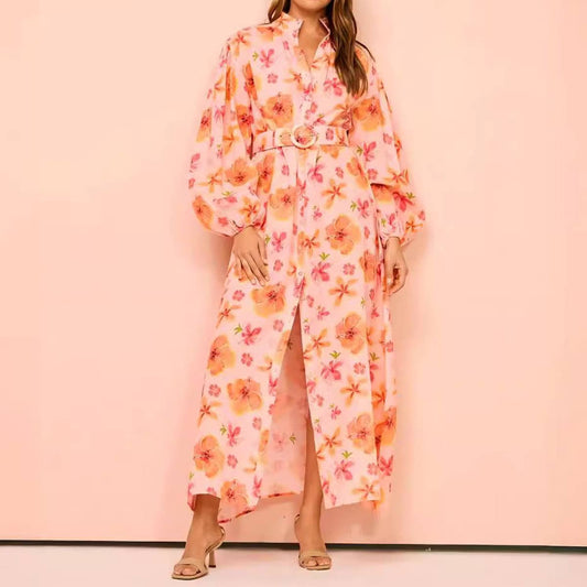 STAND COLLAR LANTERN SLEEVE SLIT LONG DRESS