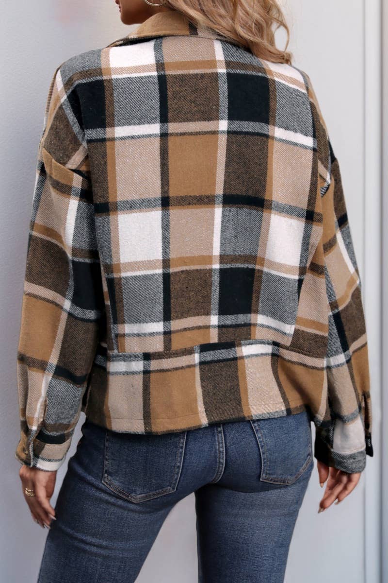 CWOJA1533_VINTAGE WOOLEN CARDIGAN PLAID ZIPPER COAT