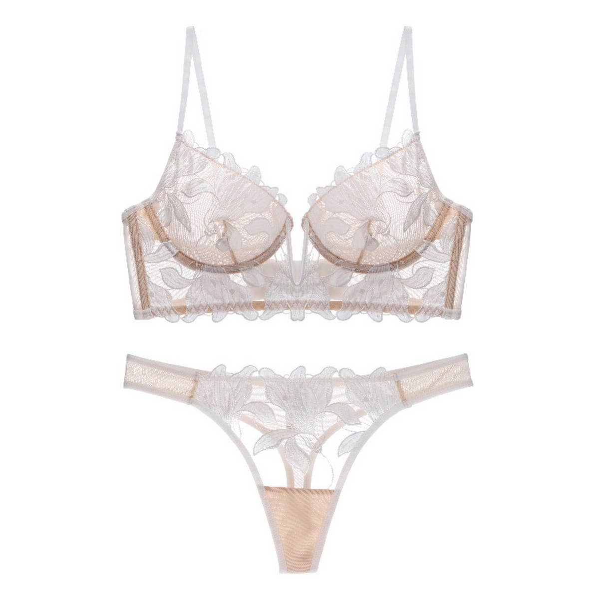 FLOWER EMBROIDERED MESH BREATHABLE LINGERIE SET