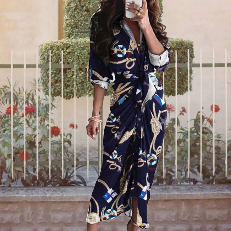 V-neck button-up long-sleeved shirt dress