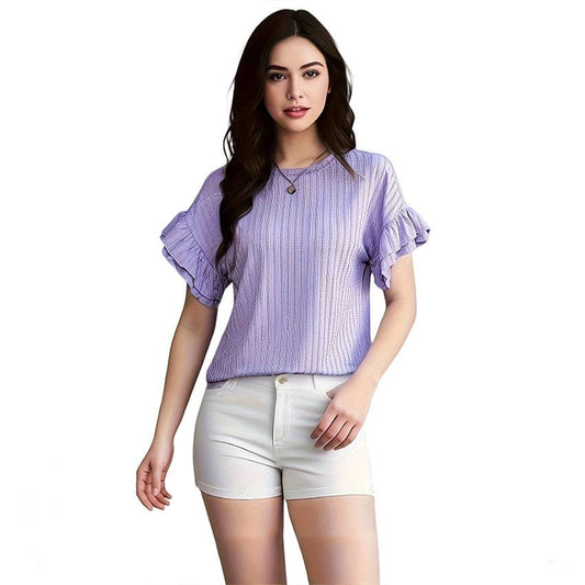 Round neck short sleeve shirt with lotus sleeves