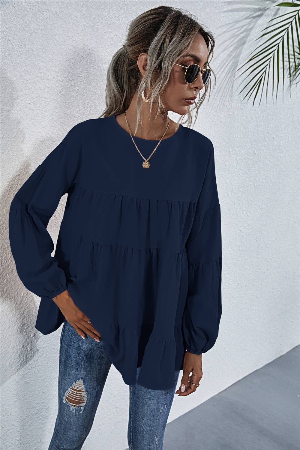 SOLID COLOR ROUND NECK LANTERN SWING LOOSE TOP