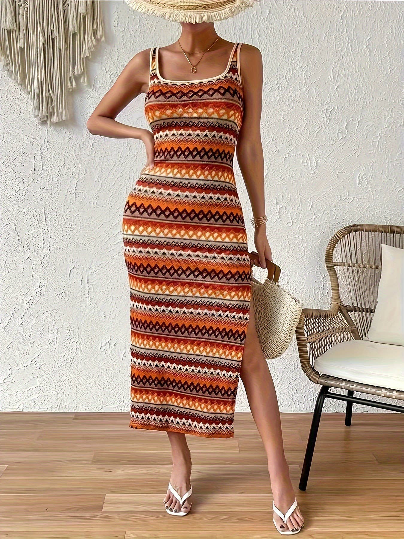 Stylish striped sleeveless square neck dress
