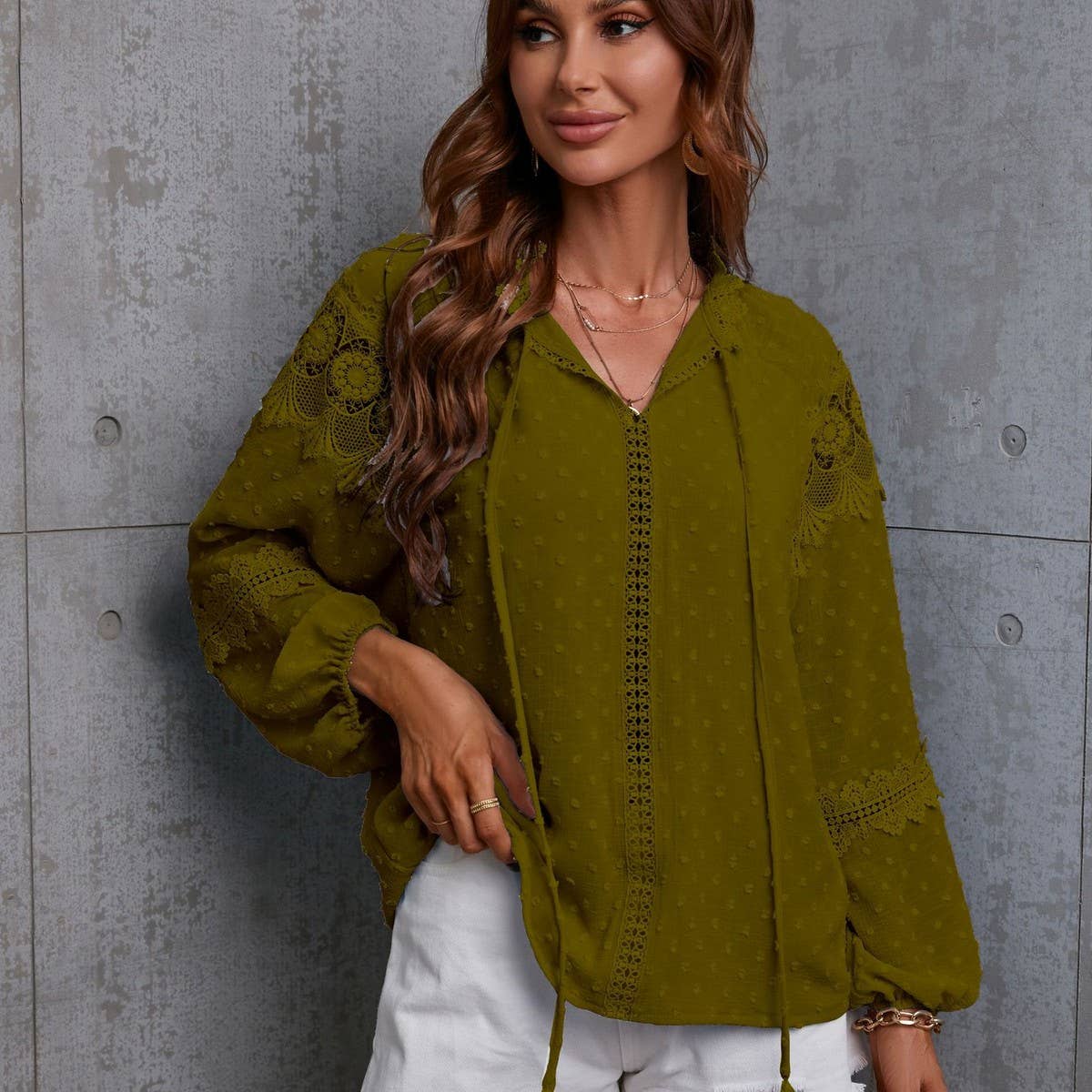 Lantern sleeve polka dot chiffon patchwork lace shirt