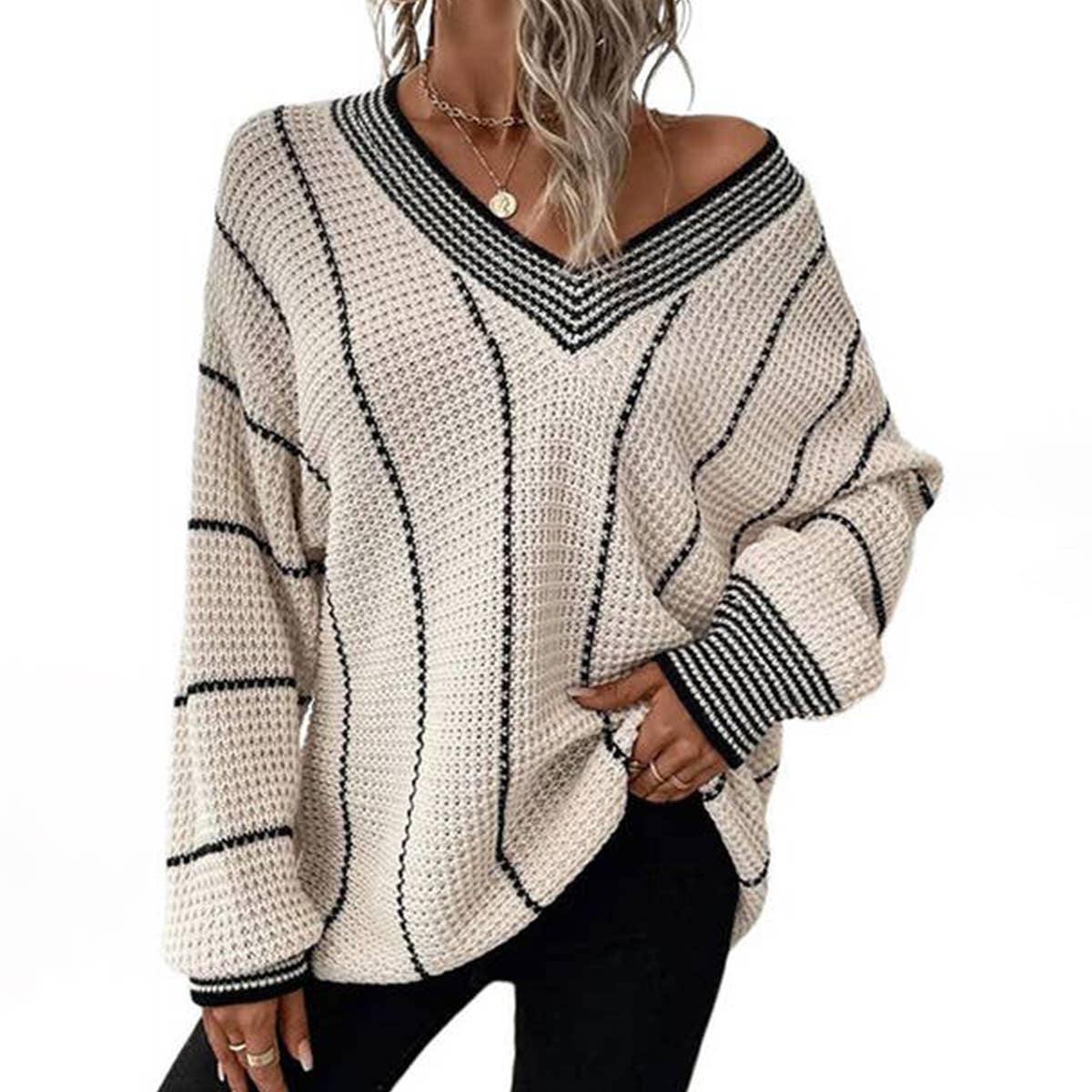VERTICAL PATTERN CASUAL LOOSE MEDIUM LONG SWEATER