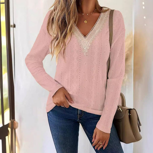 V-NECK LACE PATCHWORK JACQUARD T-SHIRT