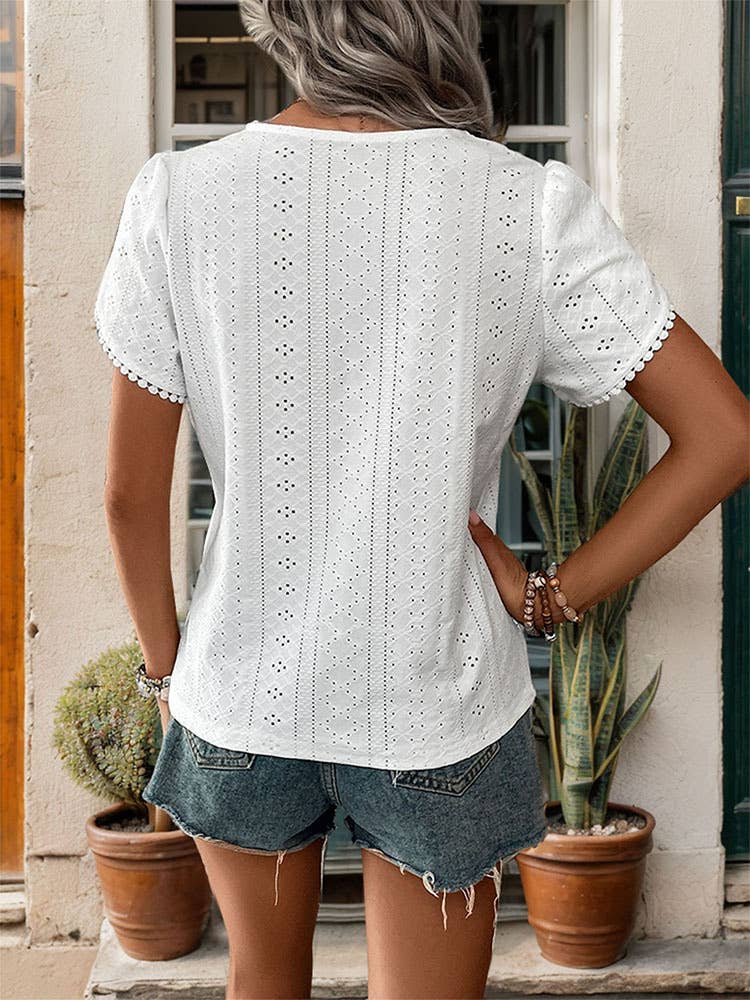 Textured V-neck white shirt for women