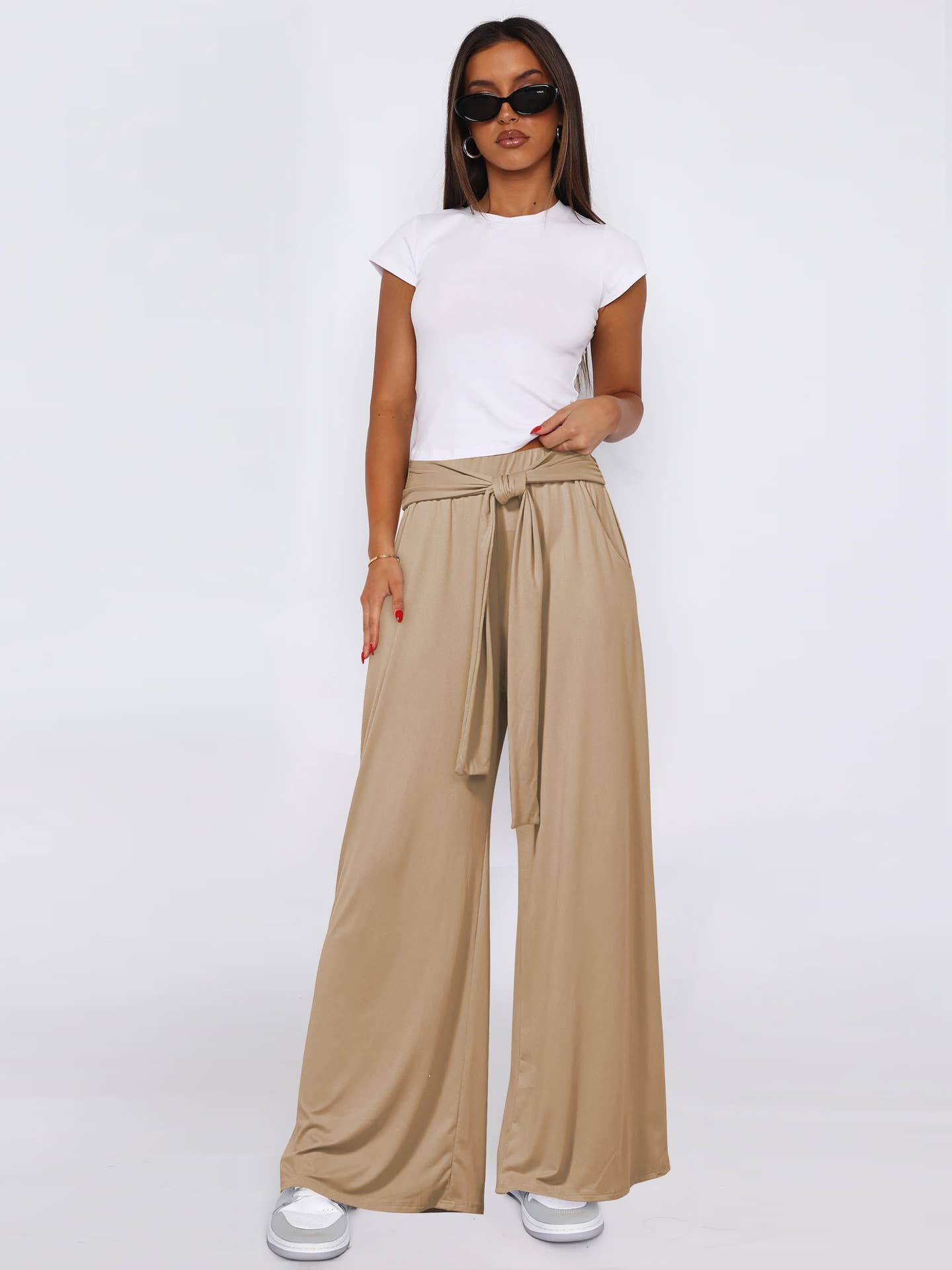 SOLID COLOR SAG ALL-IN-ONE LACE-UP WIDE-LEG PANTS
