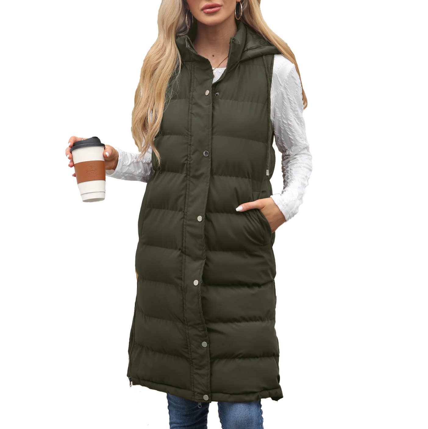 Solid-color hooded sleeveless cotton-padded vest