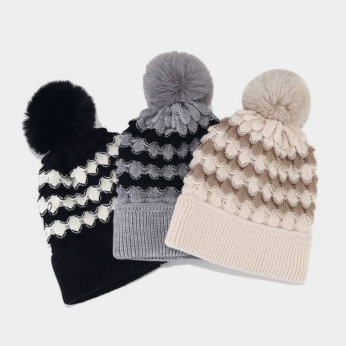 NEW CONTRAST STRIPED POM-POM KNITTED HAT_CWAH1609