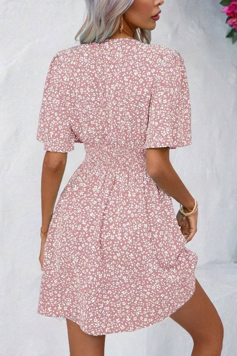 CWDSD8398_DEEP V RUFFLE SLEEVE FLORAL RUCHED VACATION DRESS